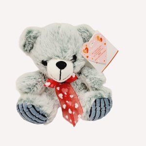 Blue Teddy Bear Plush With Bow Soft Textured Feet Heart Symbols Gift Present